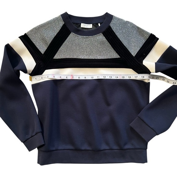 Sandro Paris Igal Metallic Silver Velvet Black & Navy Sweatshirt Size 1/Small - Picture 3 of 11